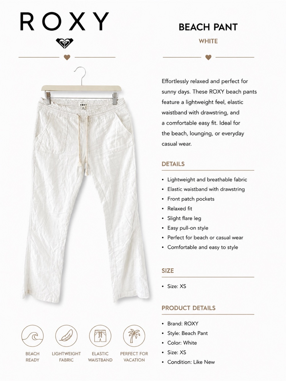 Roxy White Beach Joggers with Drawstring Waist